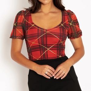 BlackMilk Clothing Tartan Gift Wrap Puff Sleeve Sweetheart Top